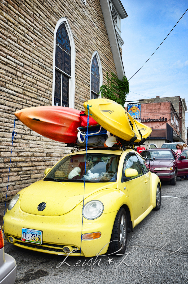 VW Bug with kayaks on top