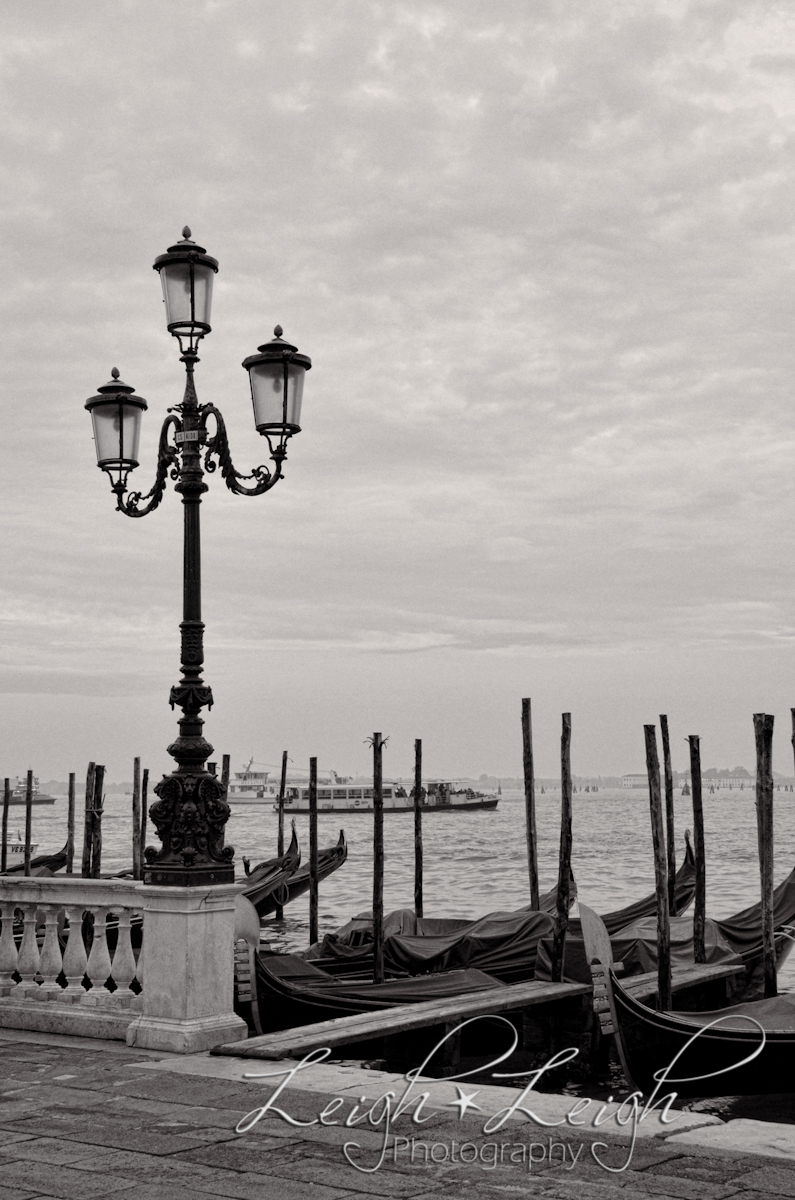 docked gondolas and street lamp