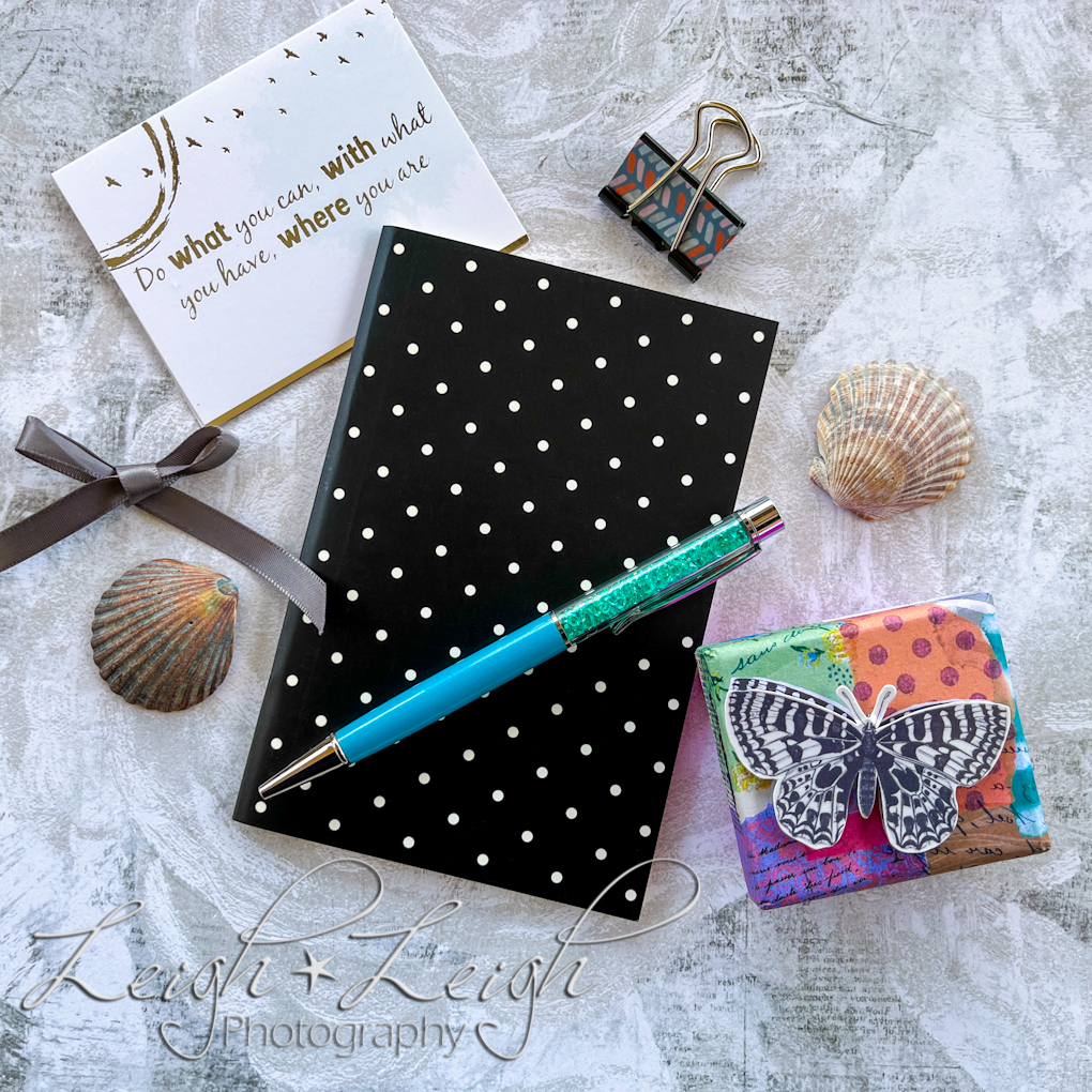 journal, pen, shells, gift box and card