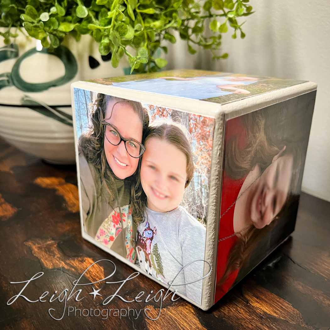 Photo cube on table