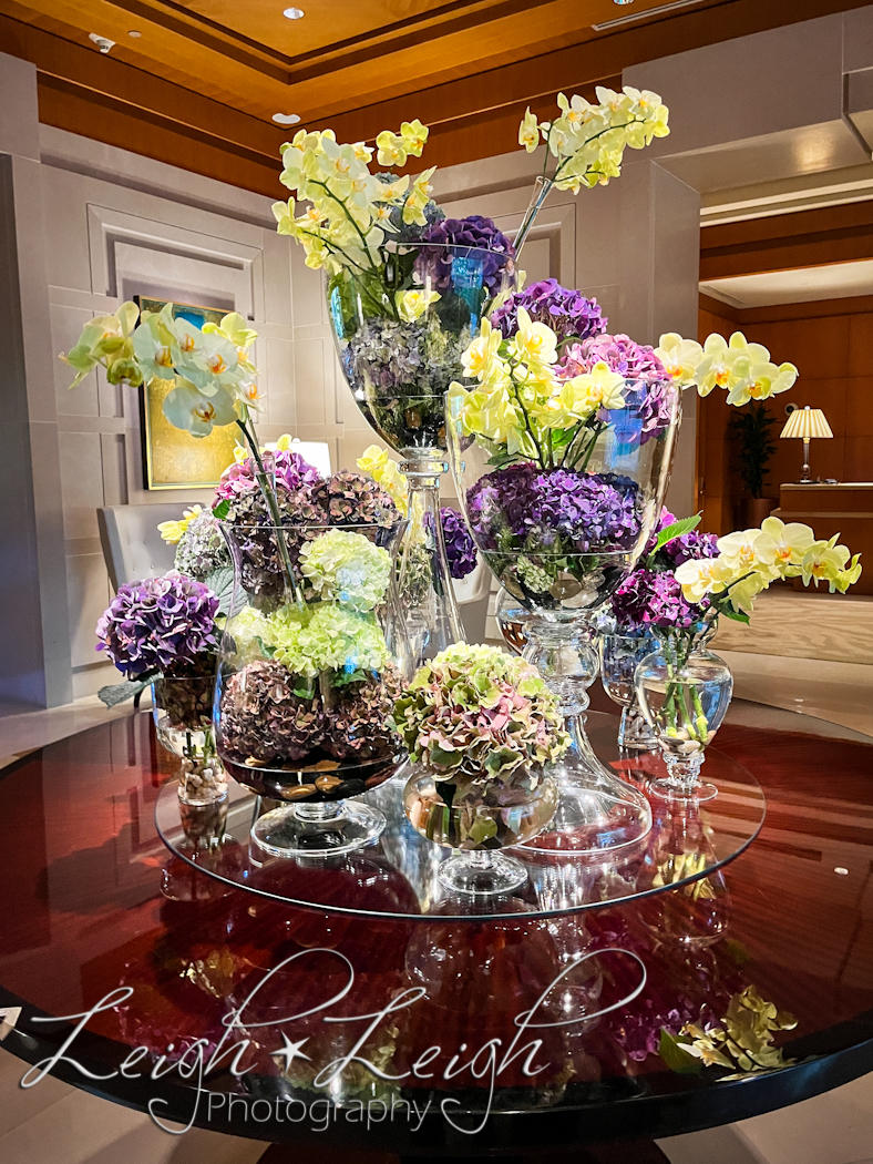 huge flower arrangement in entrance of hotel