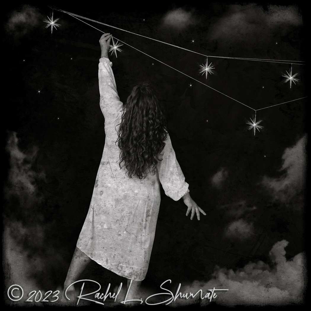 Photographic art of woman hanging stars on a string amid the clouds