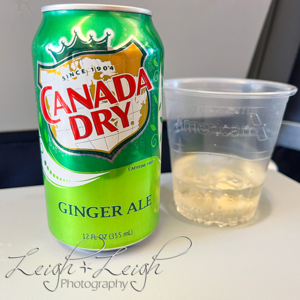can of ginger ale next to cup on airplane tray