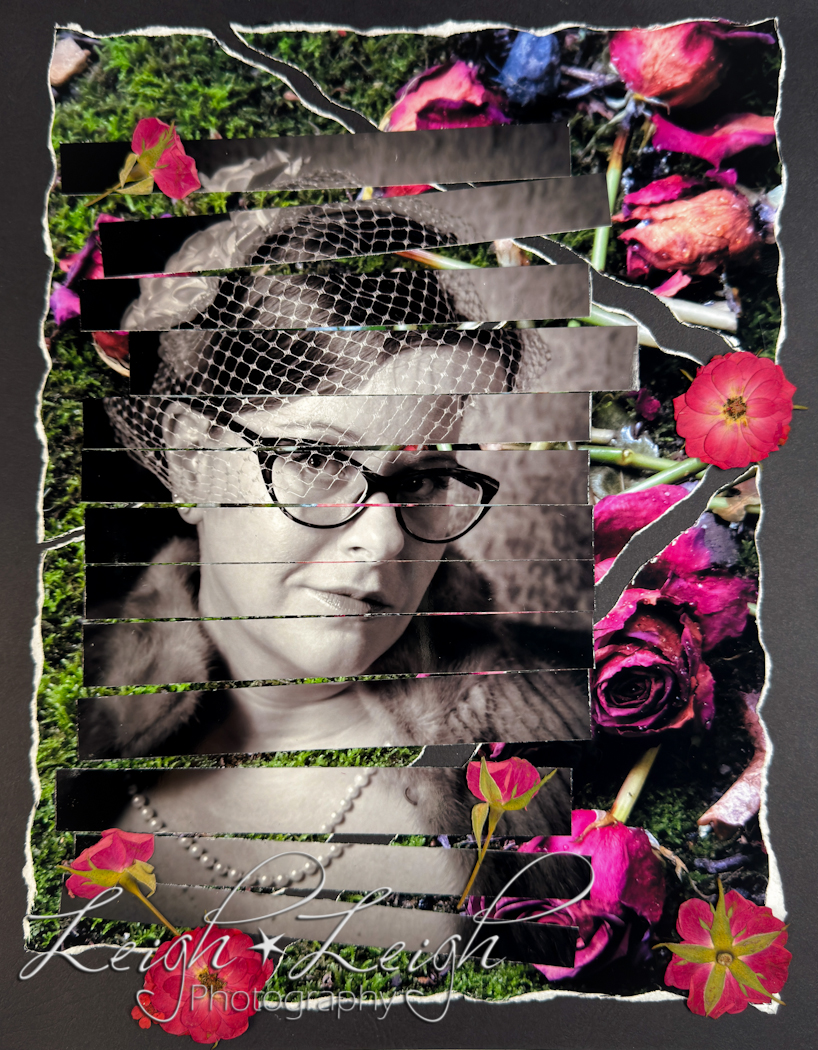 collage of Rachel's portrait cut up and glued on top of cut up image of dead roses