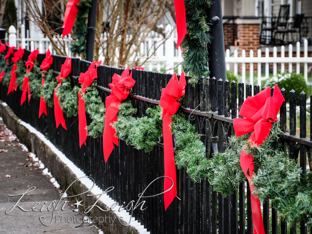 fence with Christmas greenery and red bows