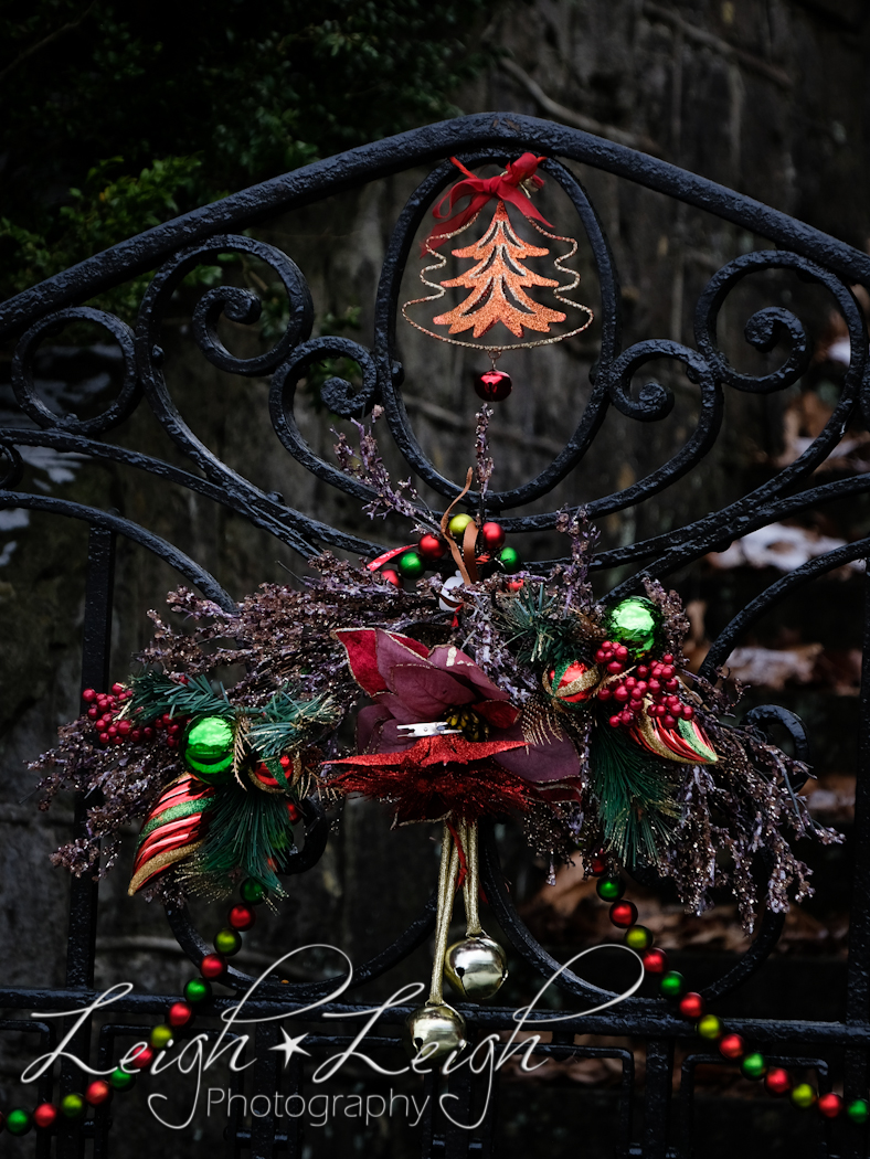 Christmas decorations on iron gate