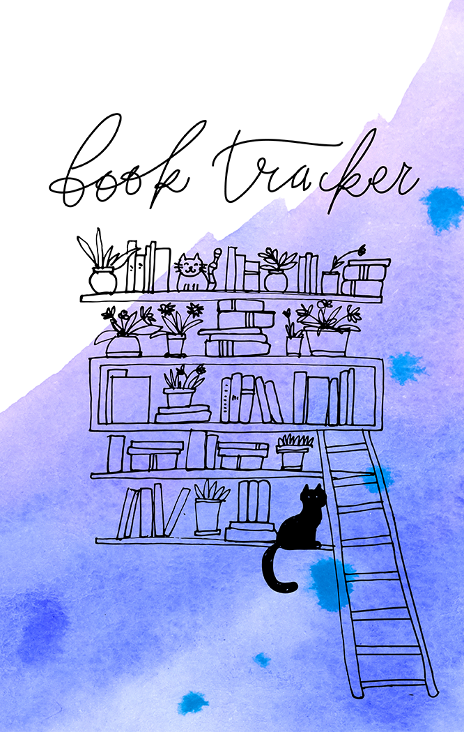 Book Tracker cover featuring line drawing of bookshelf, ladder, and a cat