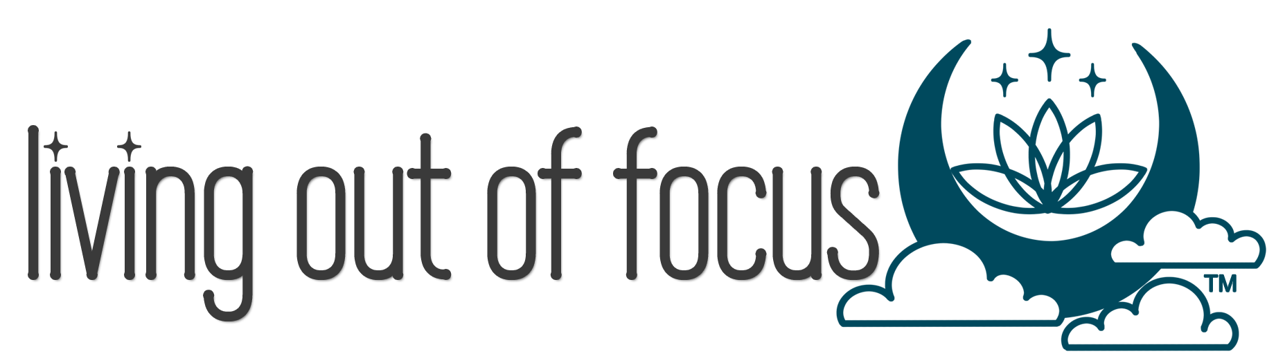 Living Out of Focus logo, icon includes a crescent moon with lotus inside, with three stars above and clouds below 